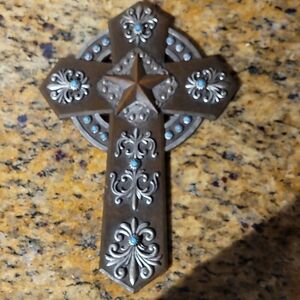 Decorative Brown and Silver Cross with Blue Accents